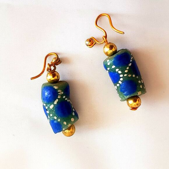 Bijoux Terner African Native Blue and Green Motif Dangle Earrings - Picture 2 of 2